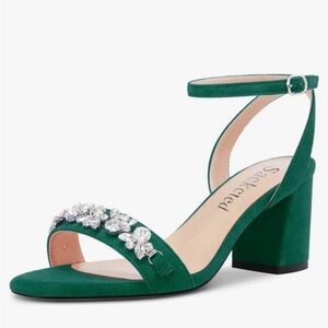 Green Suede Block Heel Ankle-Strap Sandal with Crystal Accent